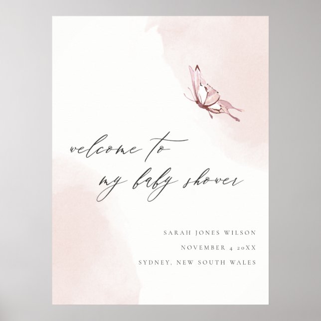 Blush Watercolor Butterfly Baby Shower Welcome Poster (Front)