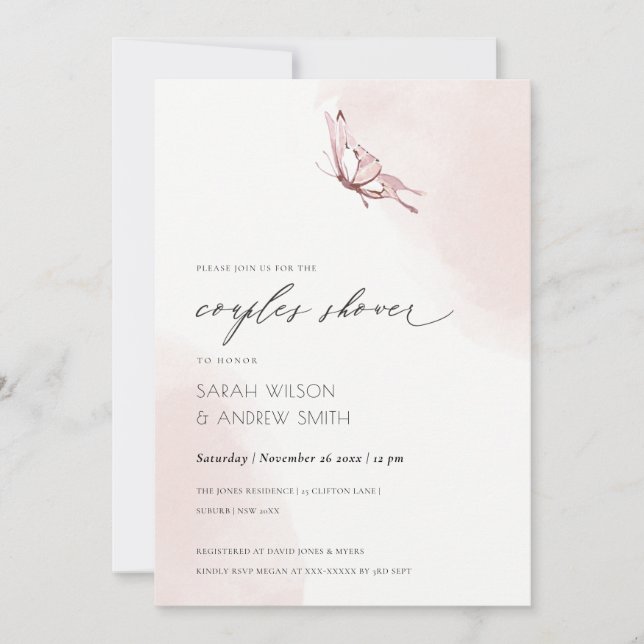 BLUSH WATERCOLOR BUTTERFLY COUPLES SHOWER INVITE (Front)