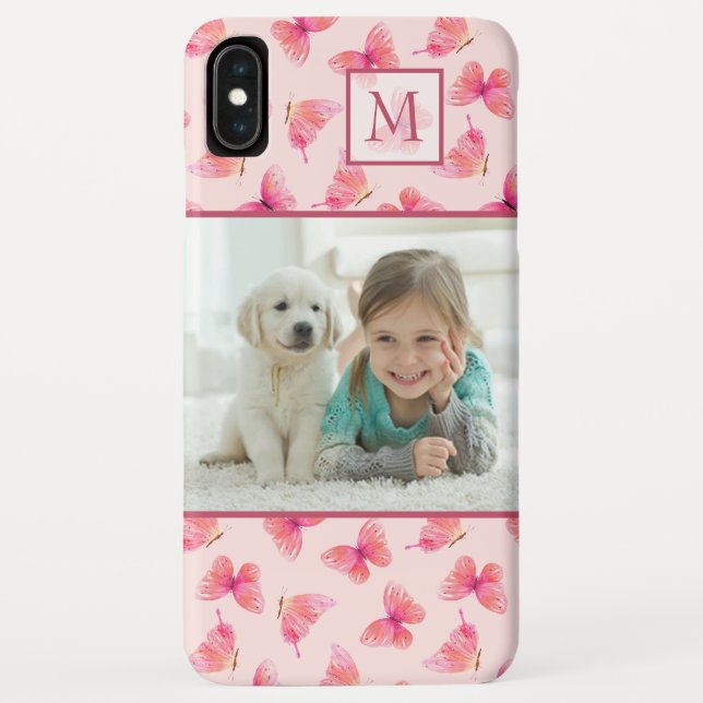 Blush Watercolor Butterfly Monogram Photo Case-Mate iPhone Case (Back)