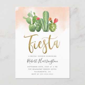 Blush Watercolor & Cactus Fiesta Bridal Shower Invitation Postcard