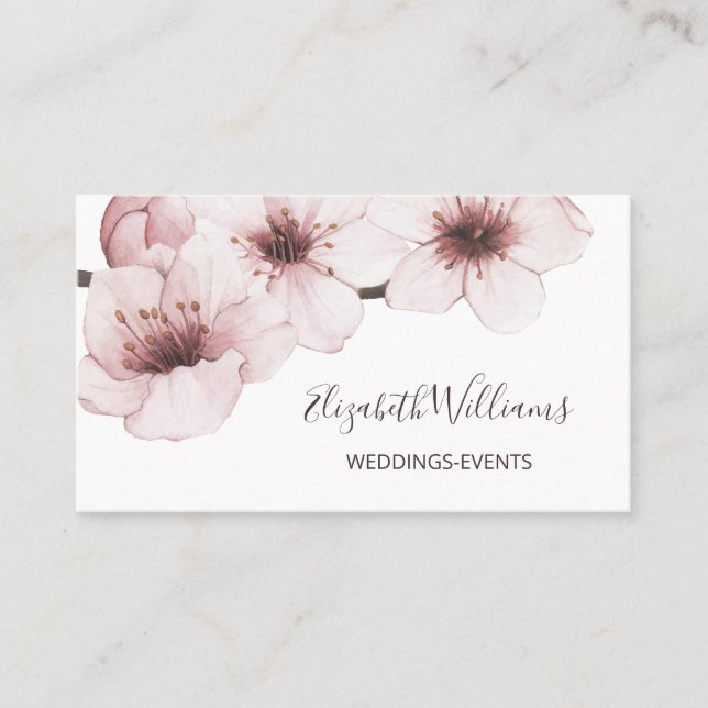 Blush Watercolor Cherry Blossom  | Qr Code Business Card (Front)