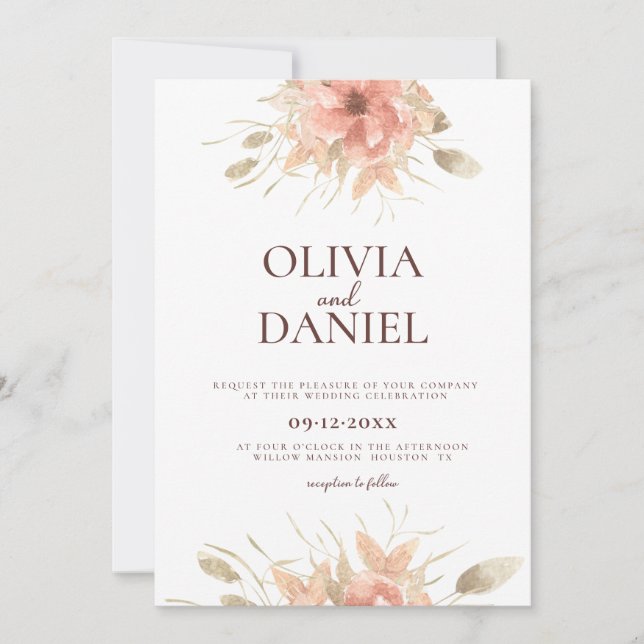 Blush Watercolor Dusty Rose Floral Wedding  Invitation (Front)