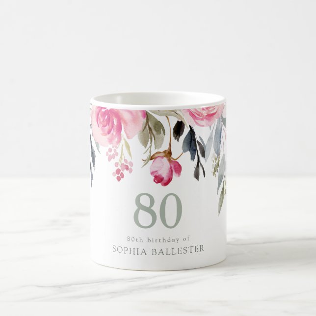 Blush watercolor Floral 80th birthday Party Gift Coffee Mug (Center)