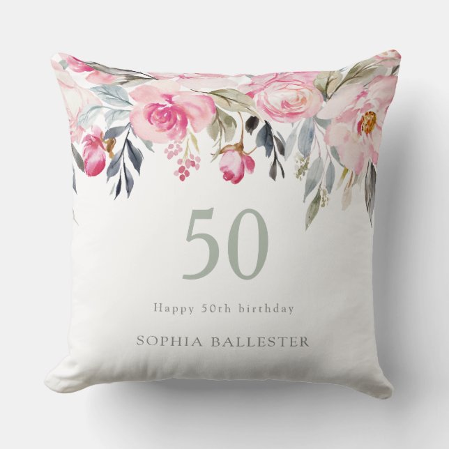 Blush watercolor Floral beautiful 50th birthday Cushion (Front)