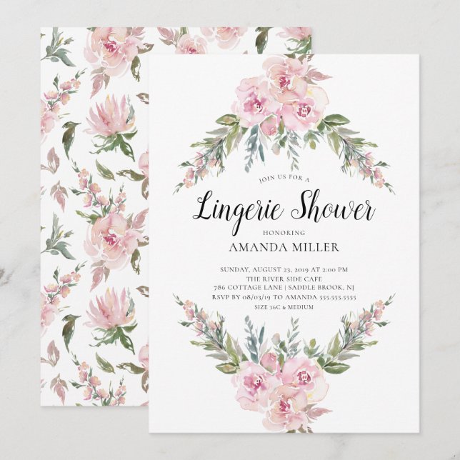 Blush Watercolor Floral Bridal Lingerie Shower Invitation (Front/Back)