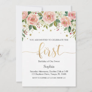 Blush Watercolor Floral Girl First Birthday Invitation