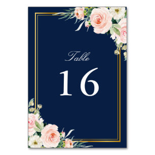 blush watercolor floral gold frame wedding table number