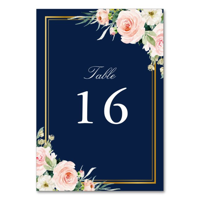 blush watercolor floral gold frame wedding table number (Front)