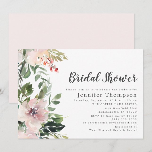 Blush Watercolor Floral & Greenery Bridal Shower Invitation (Front/Back)