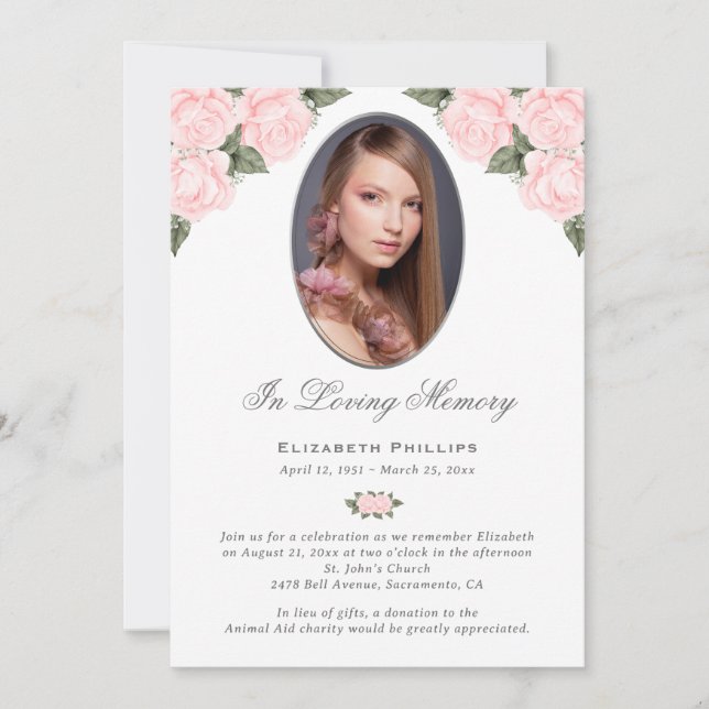 Blush Watercolor Floral Photo Memorial Funeral Invitation (Front)