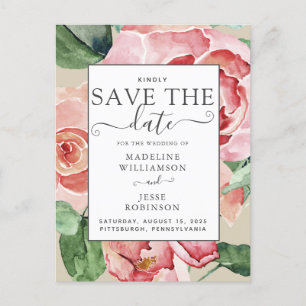 Blush Watercolor Floral Save the Date Announcement Postcard