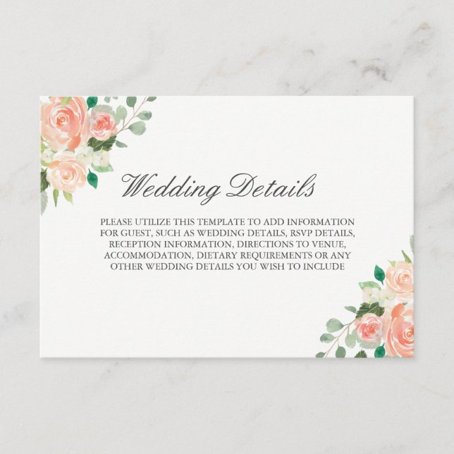 Blush Watercolor Floral Wedding Reception Details Enclosure Card (Front)