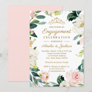 Blush Watercolor Floral Wreath Engagement Party Invitation