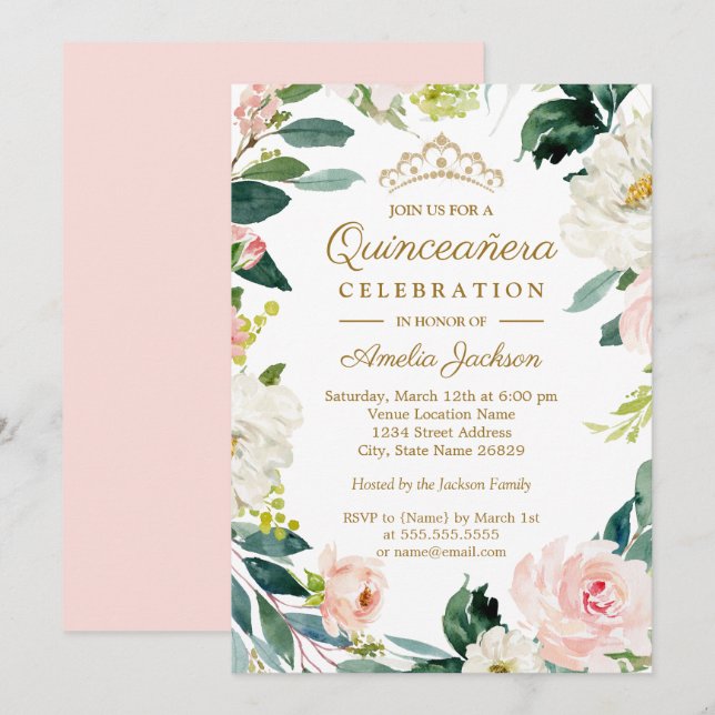 Blush Watercolor Floral Wreath Quinceanera Invitation (Front/Back)