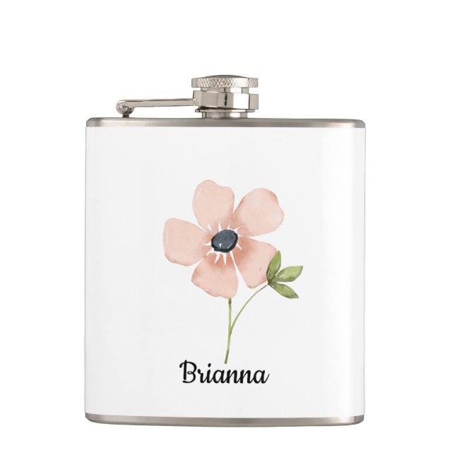 Blush Watercolor Flower Name Hip Flask (Front)