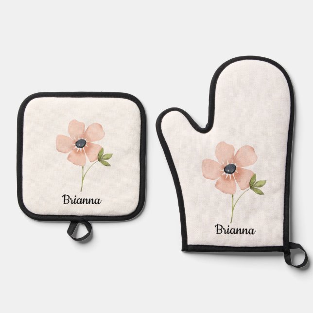 Blush Watercolor Flower Name Oven Mitt & Pot Holder Set (Front)