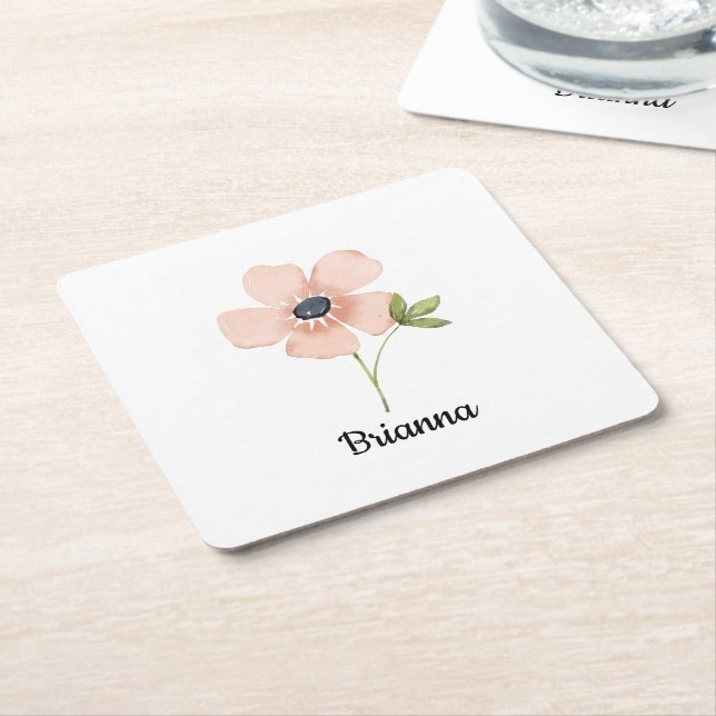 Blush Watercolor Flower Name Square Paper Coaster (Angled)