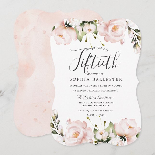 Blush Watercolor Flowers 50th Birthday Party Invitation (Front/Back)