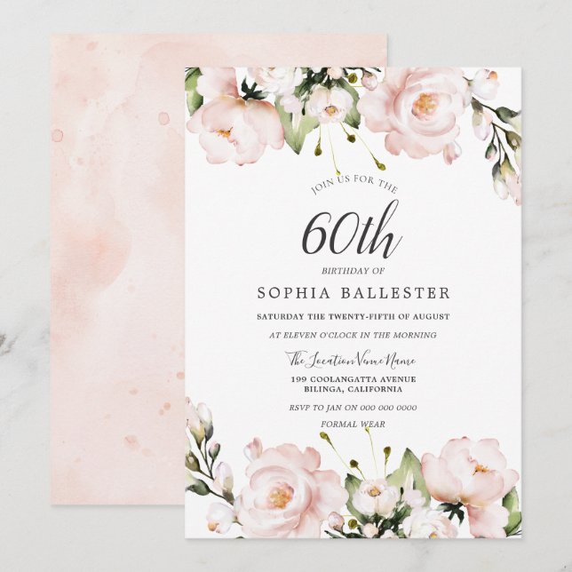 Blush Watercolor Flowers 60th Birthday Party Invitation (Front/Back)