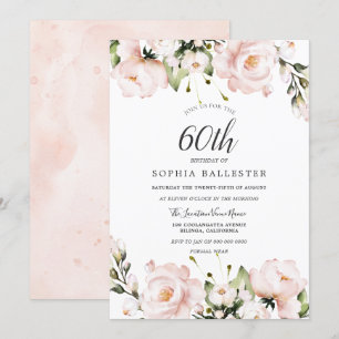 Blush Watercolor Flowers 60th Birthday Party Invitation