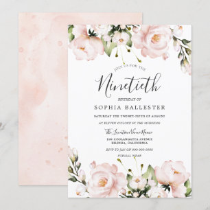 Blush Watercolor Flowers 90th Birthday Party Invitation