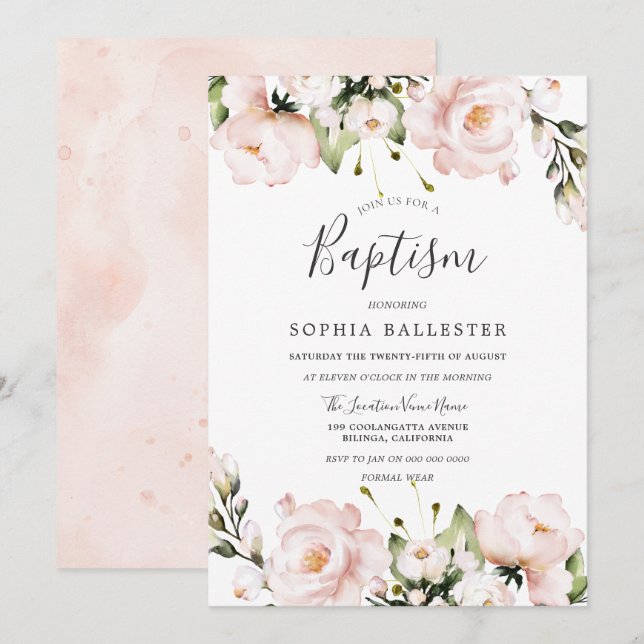 Blush Watercolor Flowers Baby Girl Baptism Invitation (Front/Back)