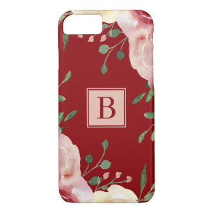 Blush Watercolor Flowers Burgundy Simple Monogram iPhone 8/7 Case