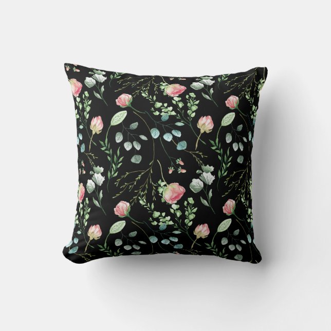 Blush watercolor flowers chic pattern black cushion (Front)