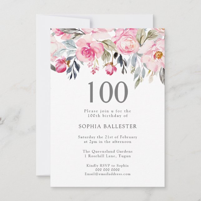 Blush Watercolor Flowers Elegant 100th Birthday Invitation (Front)