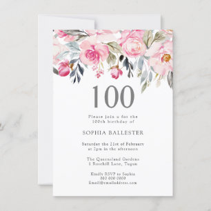 Blush Watercolor Flowers Elegant 100th Birthday Invitation