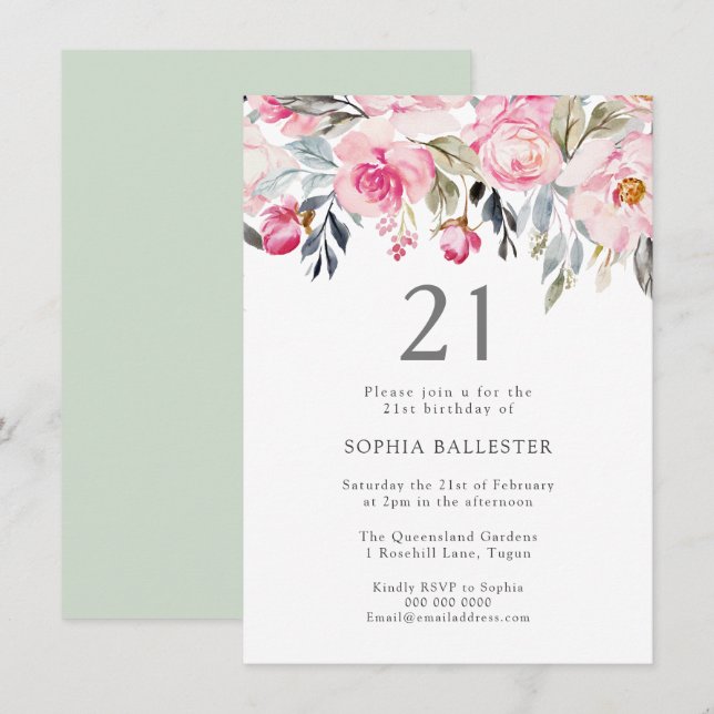 Blush Watercolor Flowers Elegant 21st Birthday Invitation (Front/Back)