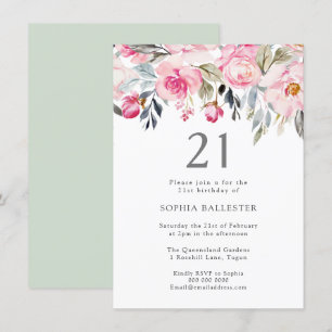 Blush Watercolor Flowers Elegant 21st Birthday Invitation