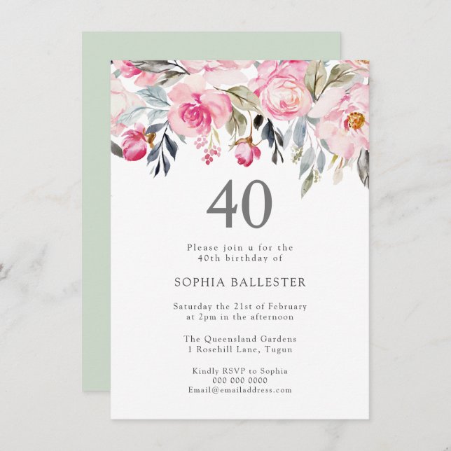 Blush Watercolor Flowers Elegant 40th Birthday Invitation (Front/Back)