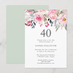 Blush Watercolor Flowers Elegant 40th Birthday Invitation