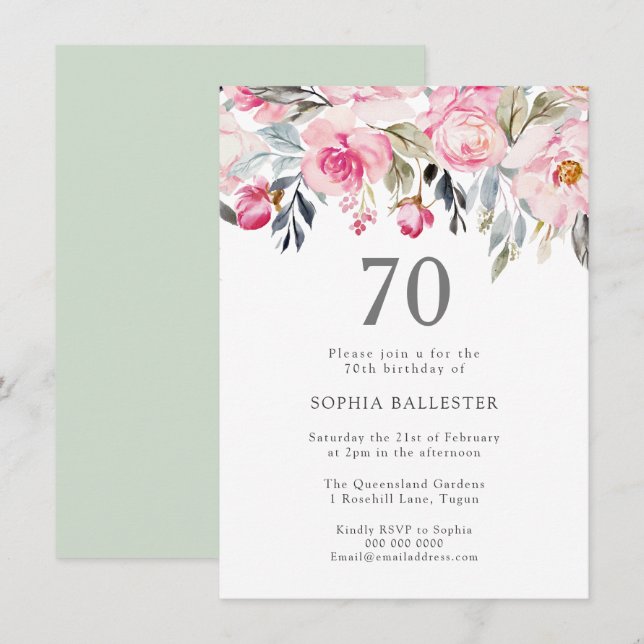 Blush Watercolor Flowers Elegant 70th Birthday Invitation (Front/Back)