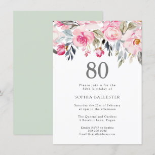 Blush Watercolor Flowers Elegant 80th Birthday Invitation