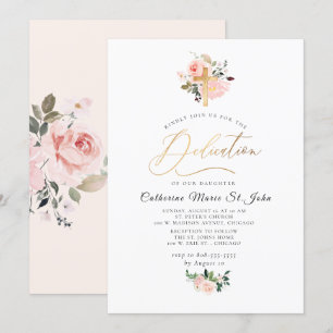 Blush Watercolor Flowers Faux Gold Dedication Invitation