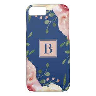Blush Watercolor Flowers on Navy Simple Monogram iPhone 8/7 Case