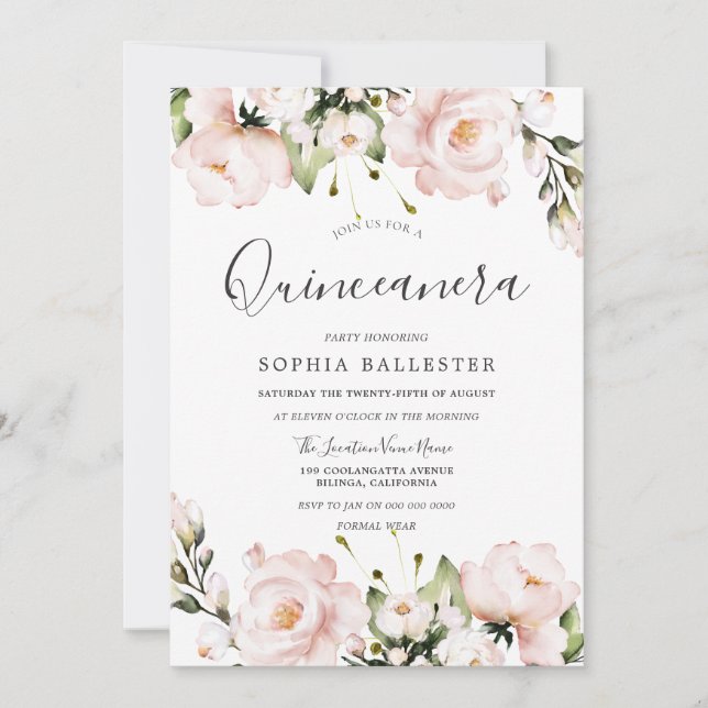 Blush Watercolor Flowers Quinceanera 15th Party Invitation (Front)