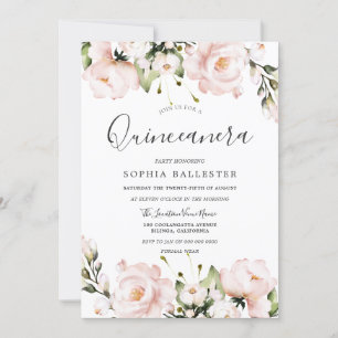Blush Watercolor Flowers Quinceanera 15th Party Invitation