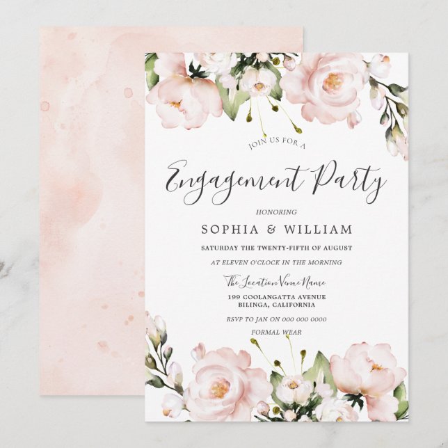 Blush Watercolor Flowers Wedding Engagement Party Invitation (Front/Back)