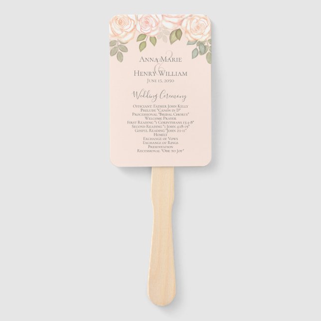 Blush Watercolor Foliage Wedding Program  Hand Fan (Front)
