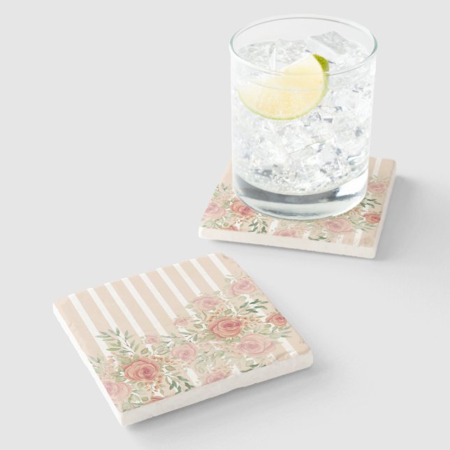 Blush Watercolor Garden Roses Hand-painted Stone Coaster (Side)