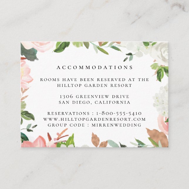 Blush Watercolor Garden Wedding Accommodations Enclosure Card (Front)