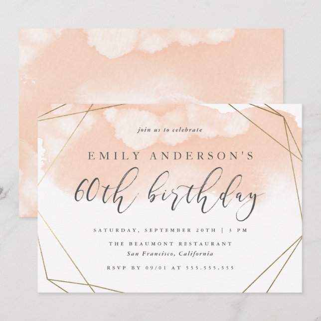 Blush Watercolor Geometric 60th Birthday Invitation (Front/Back)