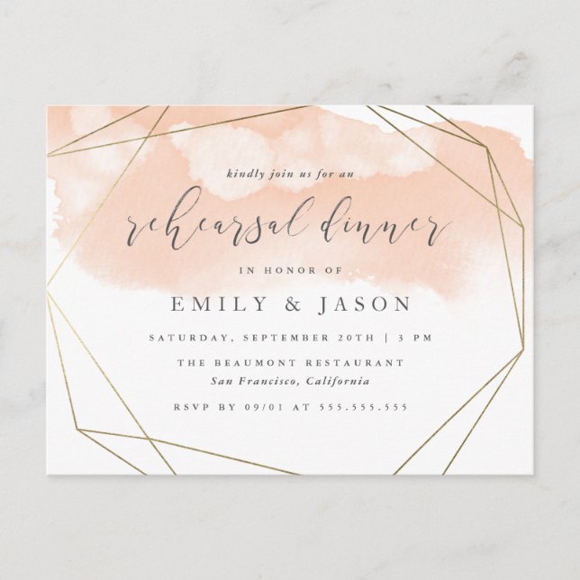 Blush Watercolor Gold Geometric Rehearsal Dinner Invitation Postcard (Front)