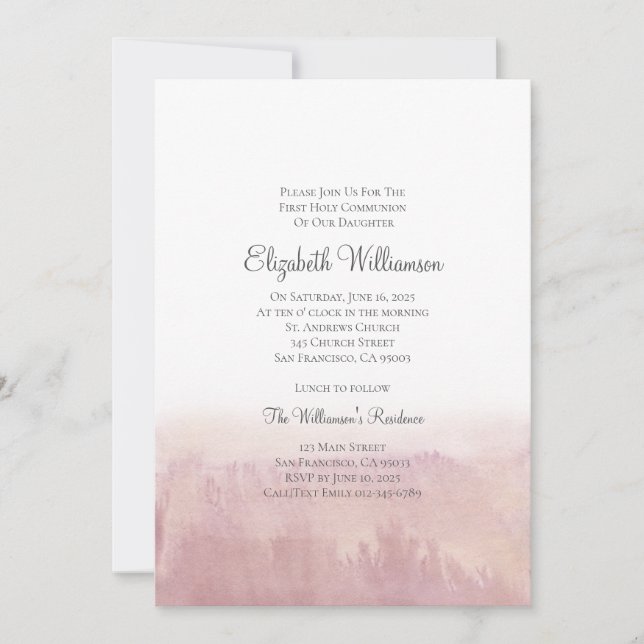 Blush Watercolor Holy Communion Invitation (Front)