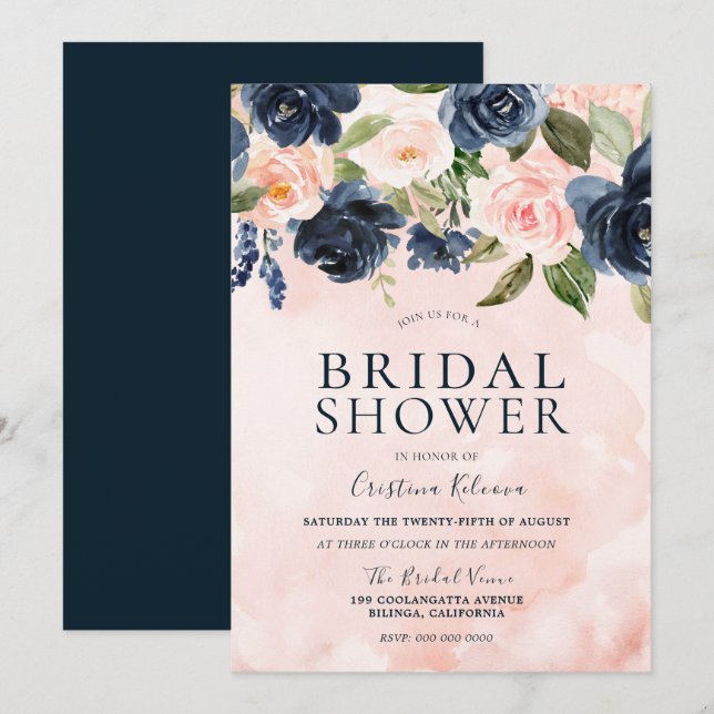 Blush Watercolor Navy Floral Bridal Shower Invitation (Front/Back)