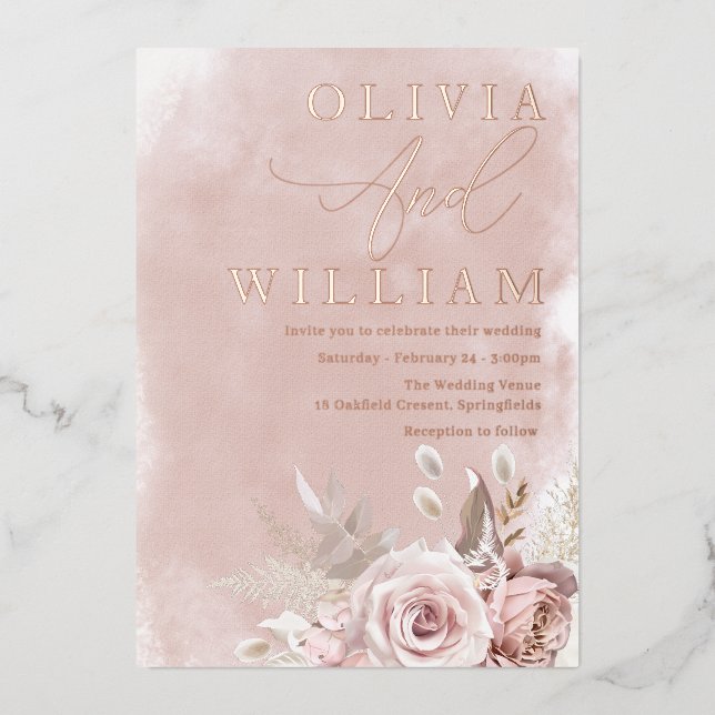Blush Watercolor Pink Rose Gold Wedding (Front)
