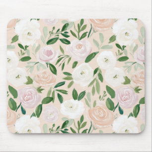 Blush Watercolor Roses and Botanical Greenery Mouse Mat